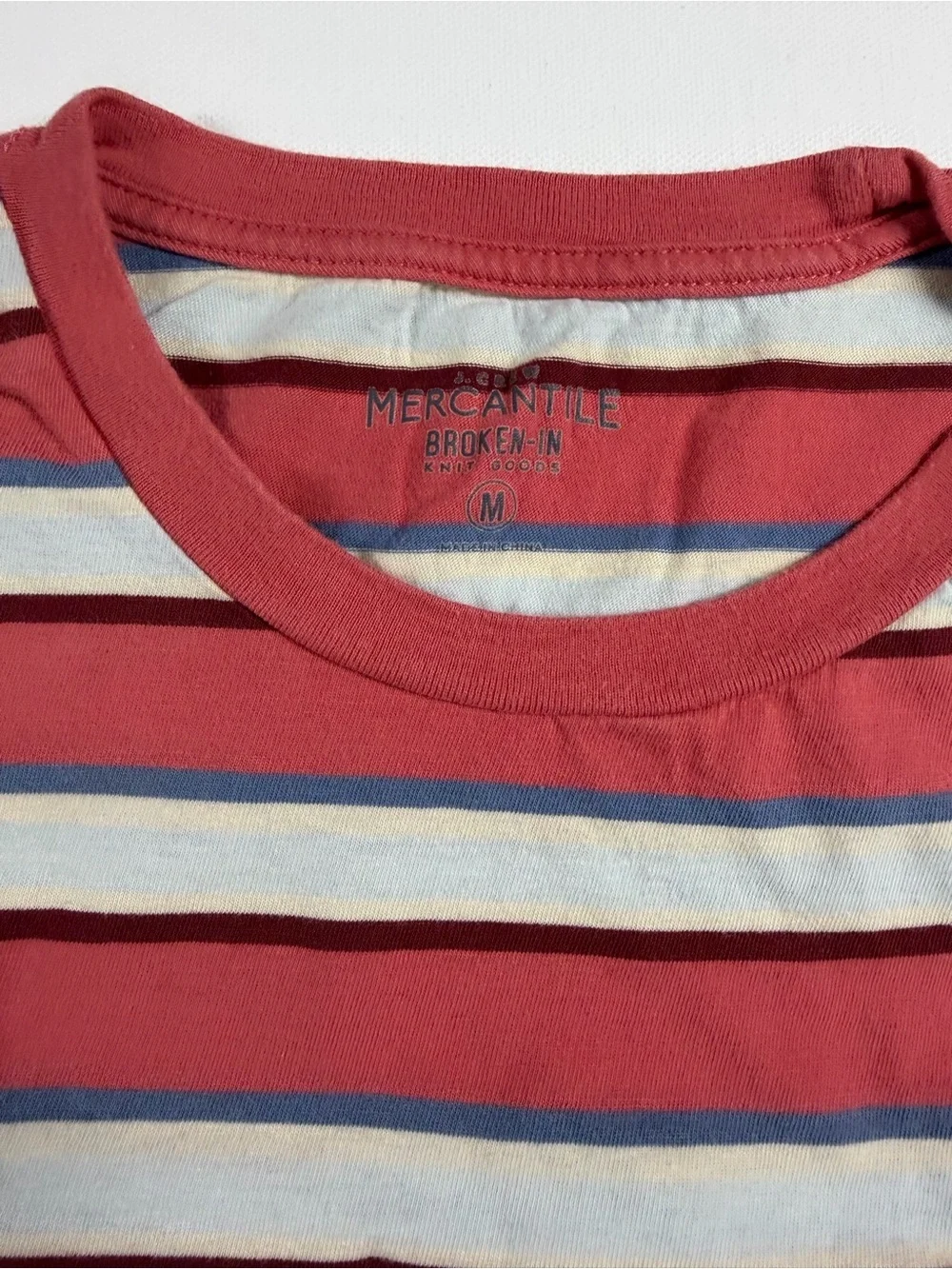 J. Crew Red Striped Pocket Short Sleeve Tee with Blue and Cream Bands